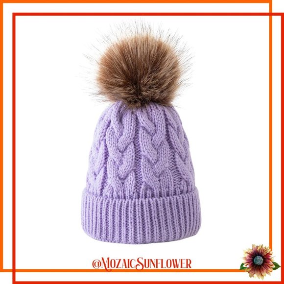 Toddler Hand Cable Knit Lavender Hat Faux Fur Pom - Picture 1 of 4